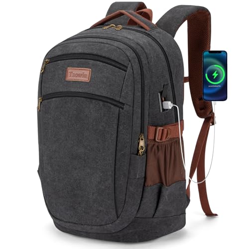 Tzowla Vintage Canvas Laptop Backpack for Men and Women,College Travel Work Rucksack with USB/Type-C Charging Port,Lightweight Bookbag Hiking Casual Daypack Backpacks Fit 15.6 Inch Notebook(Black)