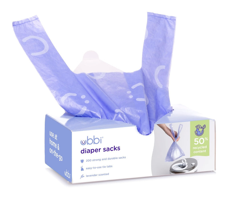 Ubbi Disposable Diaper Sacks, Lavender Scented, Easy - To - Tie Tabs, Diaper Disposal or Pet Waste Bags, 200 Count