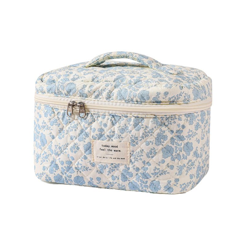 uekeboag Large Travel Quilted Makeup Bag for Women, Floral Cotton Cosmetic Bag, Coquette Aesthetic Floral Toiletry Organizer Bag (01Lithtblue - flower)
