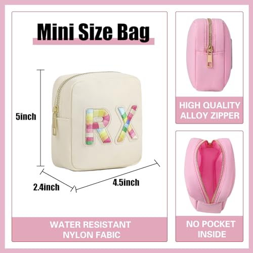 uekeboag Personalized Small Nylon Rx Cosmetic Bag, Cute Chenille Letter Patch Medicine Drug Pouch with Zipper,Preppy Makeup Travel Vitamin Bag for Women and Girls（01Sand）