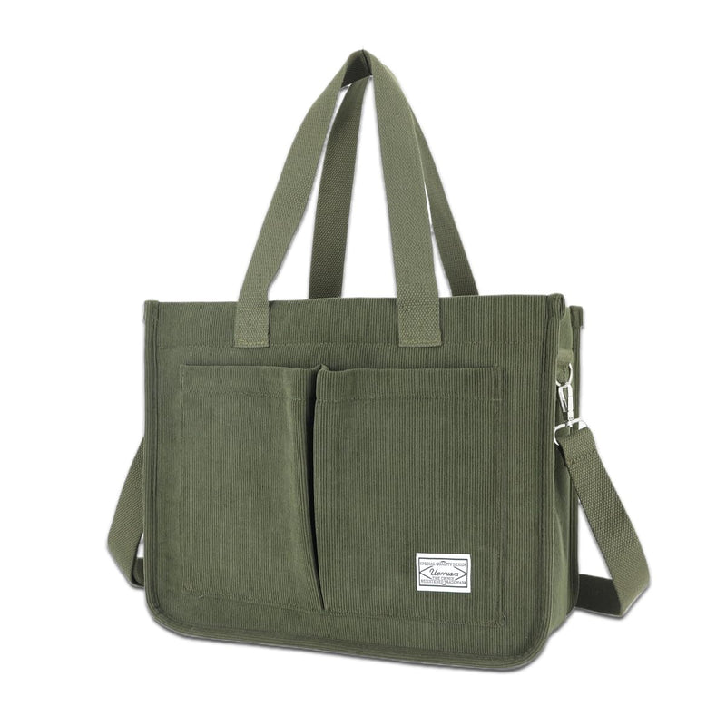 UERRUAM Tote Bag for Women with Pockets,Large Corduroy Crossbody Purse for Laptop,Work,College,Everyday,Travel,Olive Green