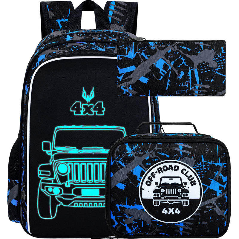 UFNDC 3PCS Boys Truck Backpack, Kids Camouflage Bookbag with Lunch Box, 17" Water Resistant Teen Travel School Bag for Middle Elementary