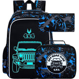 UFNDC 3PCS Boys Truck Backpack, Kids Camouflage Bookbag with Lunch Box, 17" Water Resistant Teen Travel School Bag for Middle Elementary