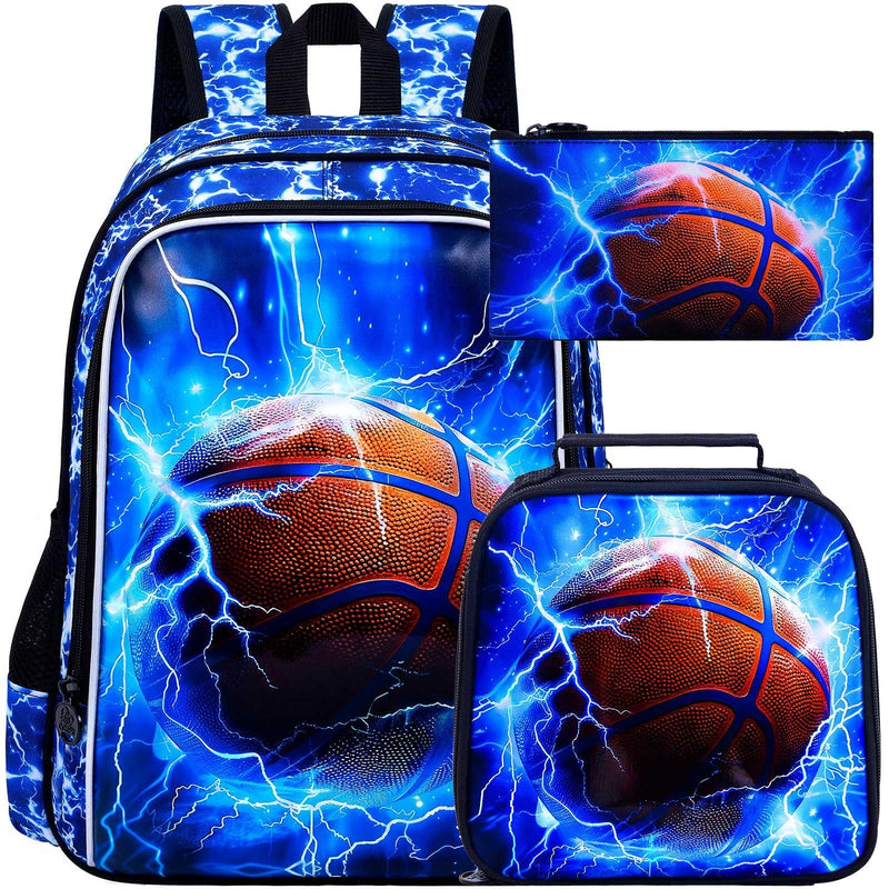 UFNDC 3PCS Kids Basketball Backpack, Boys Lightning School Bag with Lunch Box, 17" Water Resistant Bookbag for Teenagers Elementary Middle