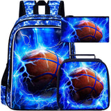 UFNDC 3PCS Kids Basketball Backpack, Boys Lightning School Bag with Lunch Box, 17" Water Resistant Bookbag for Teenagers Elementary Middle