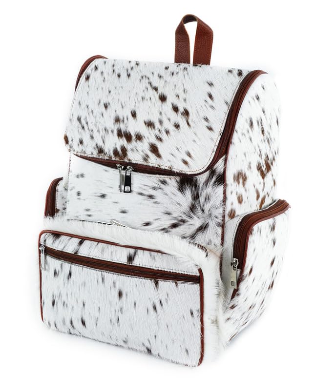 UGFashions Cowhide Backpack Hair On Knapsack Shoulder Travel Bag Backpack Leather Western Diaper Bag Brown & White