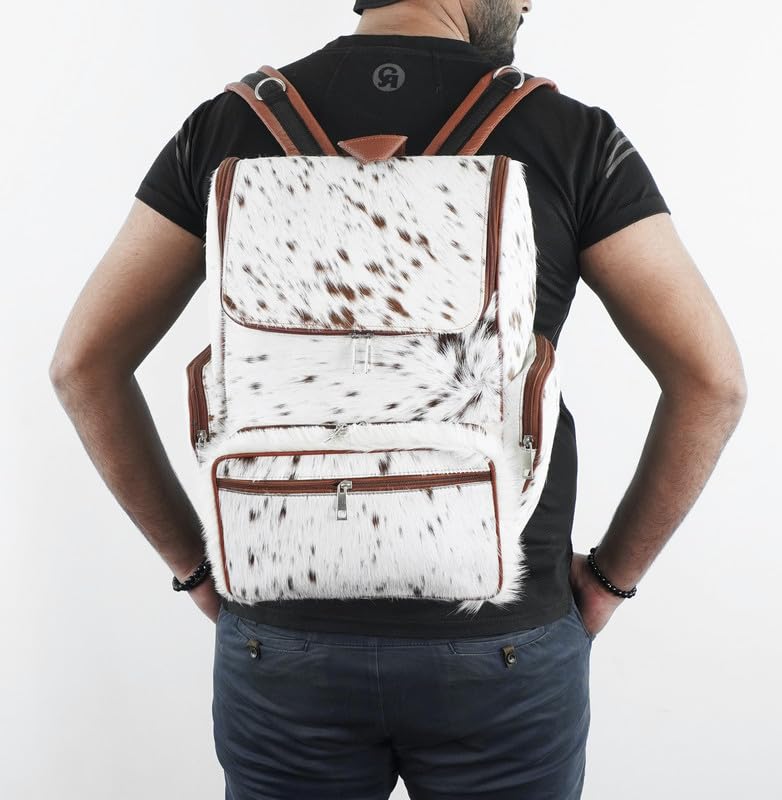 UGFashions Cowhide Backpack Hair On Knapsack Shoulder Travel Bag Backpack Leather Western Diaper Bag Brown & White