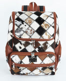 UGFashions Western Brown Patchwork Cowhide Leather Backpack - Everyday Travel Backpack - Genuine Leather Cow Print Checkered Diaper Bag