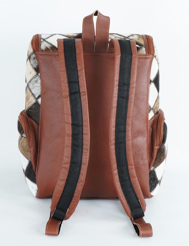UGFashions Western Brown Patchwork Cowhide Leather Backpack - Everyday Travel Backpack - Genuine Leather Cow Print Checkered Diaper Bag