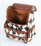UGFashions Western Brown Patchwork Cowhide Leather Backpack - Everyday Travel Backpack - Genuine Leather Cow Print Checkered Diaper Bag
