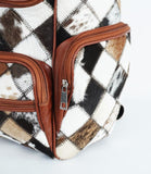 UGFashions Western Brown Patchwork Cowhide Leather Backpack - Everyday Travel Backpack - Genuine Leather Cow Print Checkered Diaper Bag