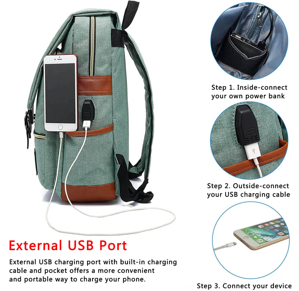 UGRACE Vintage Laptop Backpack with USB Charging Port, Water Resistant Travelling Backpacks College Bag for Men Women, Fits up to 15.6Inch Laptop in Green