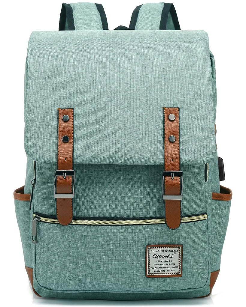 UGRACE Vintage Laptop Backpack with USB Charging Port, Water Resistant Travelling Backpacks College Bag for Men Women, Fits up to 15.6Inch Laptop in Green
