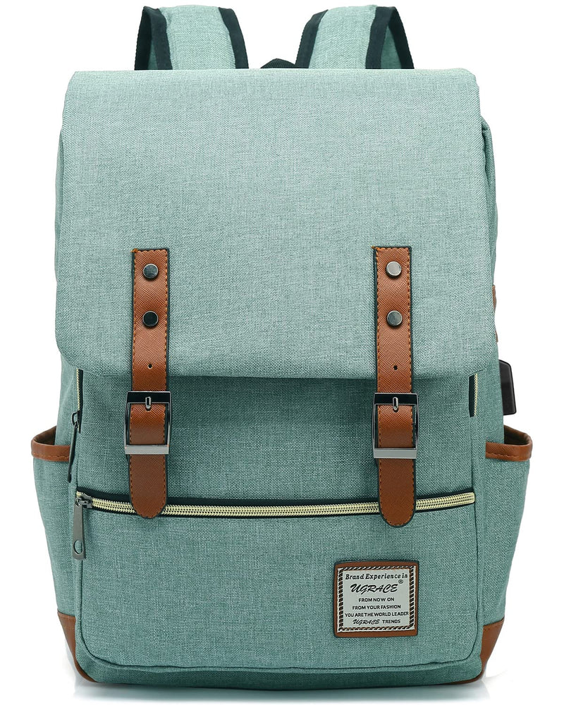 UGRACE Vintage Laptop Backpack with USB Charging Port, Water Resistant Travelling Backpacks College Bag for Men Women, Fits up to 15.6Inch Laptop in Green