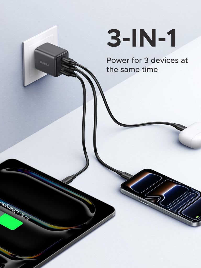 UGREEN 3 - Port 30W USB C Charger, GaN II Compact iPhone Charger Fast Charging, Type C Power Adapter for iPhone 17/16/15 Series, Galaxy S26/S25/24, iPad, MacBook, Matt Black