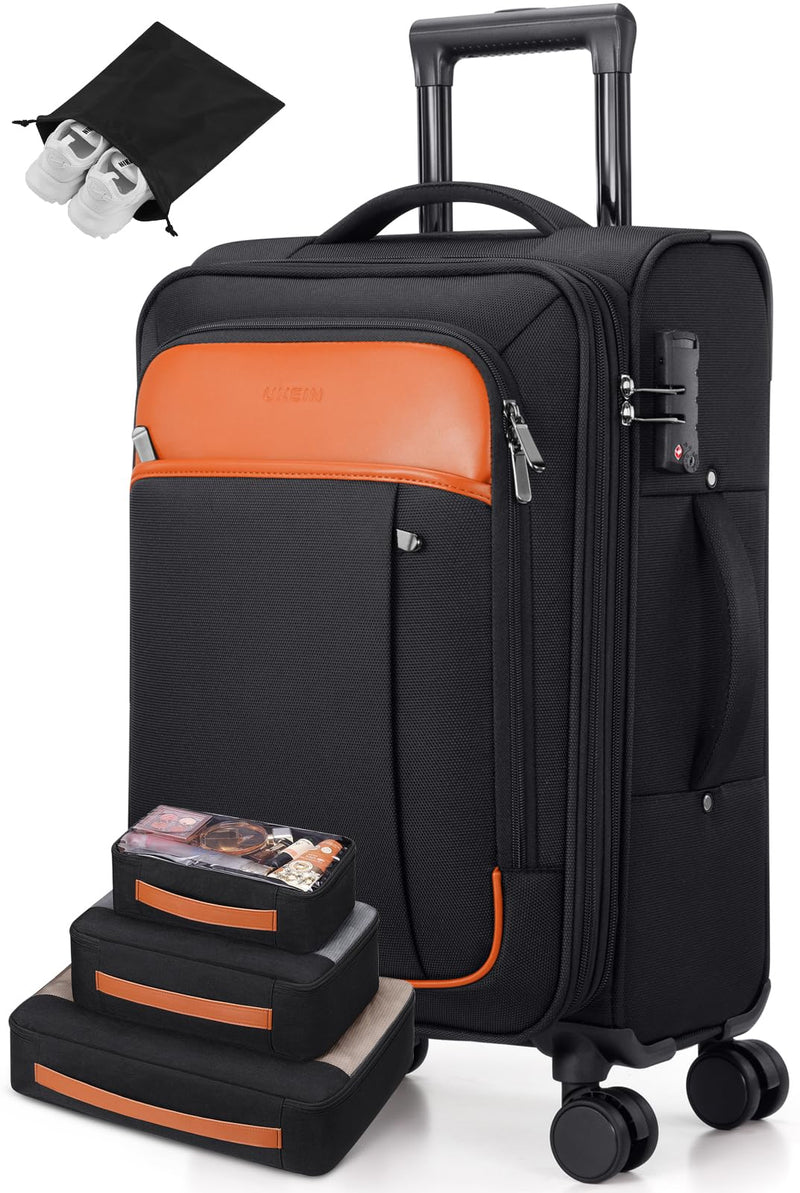 UKEIN Softside Expandable Carry On Luggage 22x14x9 Airline Approved, 20 Inch Suitcase with Wheels & TSA Lock, Travel Suitcase with 4 - Piece Packing Bags for Women Men