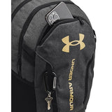 Under Armour Unisex-Adult Hustle 6.0 Backpack, (005) Black Full Heather/Black/Metallic Gold, One Size Fits Most