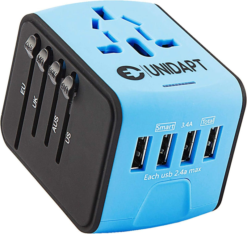Unidapt Universal Travel Adapter, International Plug Adapter Fast 2,4A 4 - USB European Power Plug, AC Wall Charger - Worldwide Outlet for Europe US USA UK EU AUS, Blue