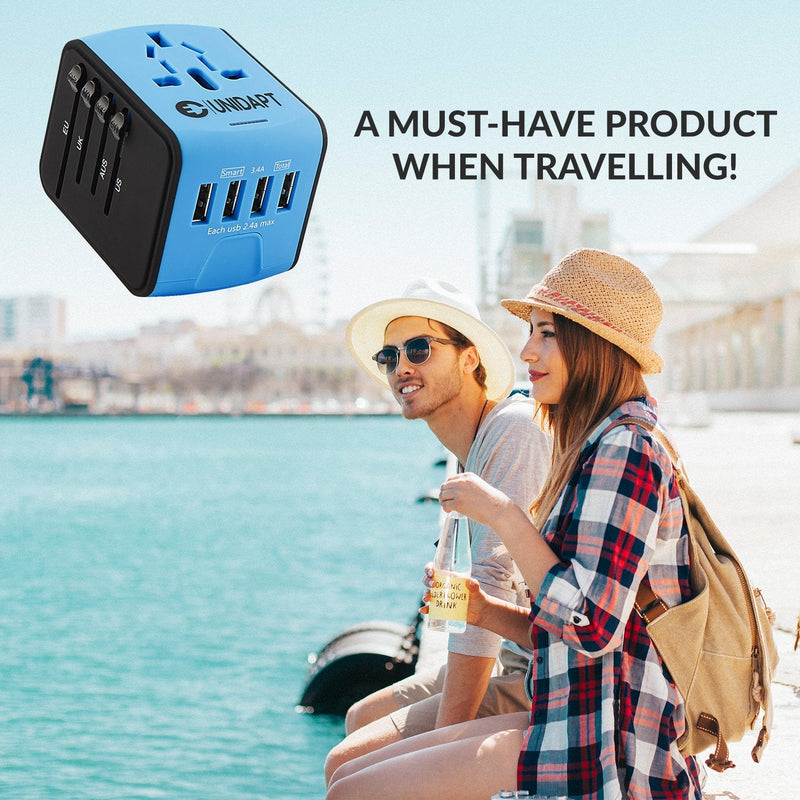 Unidapt Universal Travel Adapter, International Plug Adapter Fast 2,4A 4 - USB European Power Plug, AC Wall Charger - Worldwide Outlet for Europe US USA UK EU AUS, Blue