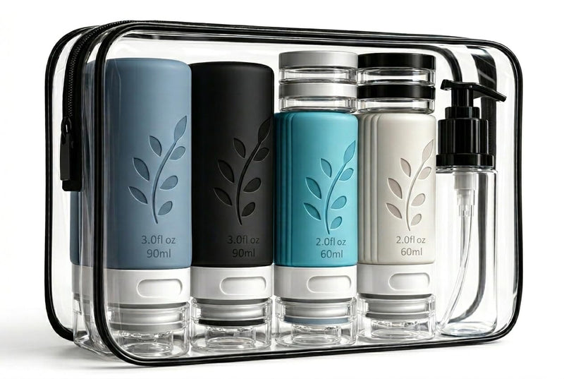 unigo 30 PACK Travel Bottles Set for Toiletries - Leakproof Refillable Travel Size Containers, TSA Approved Bottles with Labels, Brush & Covers for Carry - On Travel