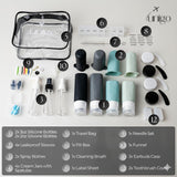 unigo 30 PACK Travel Bottles Set for Toiletries - Leakproof Refillable Travel Size Containers, TSA Approved Bottles with Labels, Brush & Covers for Carry - On Travel