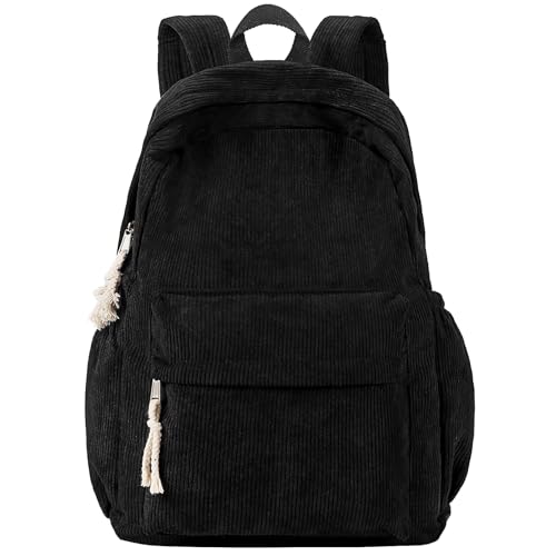 Unineovo School Backpack for Teens, Corduroy Bookbag with 6X Cute Pin Accessories, 17 inch Laptop Bag for Girls Women Casual High School College (Black)
