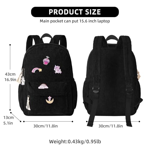 Unineovo School Backpack for Teens, Corduroy Bookbag with 6X Cute Pin Accessories, 17 inch Laptop Bag for Girls Women Casual High School College (Black)