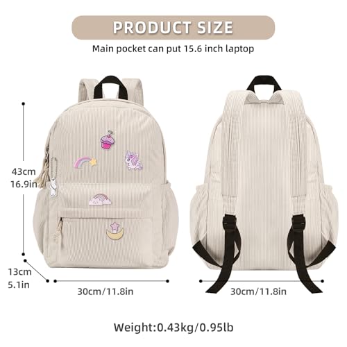 Unineovo School Backpack for Teens, Corduroy Bookbag with 6X Cute Pin Accessories, Lightweight High School College Laptop Bags, Women Travel Daypacks