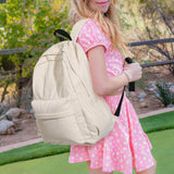 Unineovo School Backpack for Teens Girls, Corduroy Bookbag with 6X Cute Pin Accessories, Lightweight High School College Laptop Bags for Women Travel Daypacks (Beige)