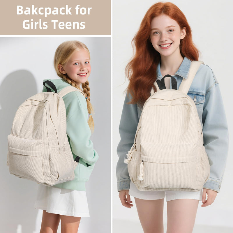 Unineovo School Backpack for Teens Girls, Corduroy Bookbag with 6X Cute Pin Accessories, Lightweight High School College Laptop Bags for Women Travel Daypacks (Beige)