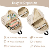 Unineovo School Backpack for Teens Girls, Corduroy Bookbag with 6X Cute Pin Accessories, Lightweight High School College Laptop Bags for Women Travel Daypacks (Beige)