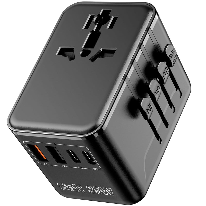 Universal Travel Adapter - 6 in 1 International Plug Adapter with Fuse Auto - Resetting, USB - C PD Fast Charging Worldwide Power Outlet for USA to European UK AUS India, Type C/G/D/I/A, Black