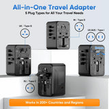 Universal Travel Adapter - 6 in 1 International Plug Adapter with Fuse Auto - Resetting, USB - C PD Fast Charging Worldwide Power Outlet for USA to European UK AUS India, Type C/G/D/I/A, Black