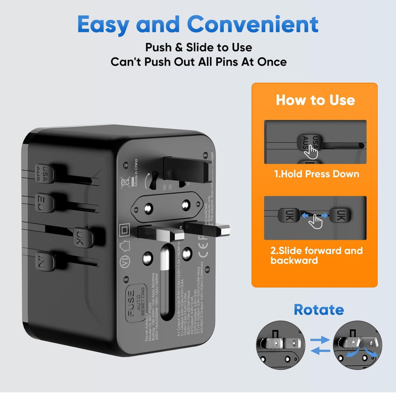 Universal Travel Adapter - 6 in 1 International Plug Adapter with Fuse Auto - Resetting, USB - C PD Fast Charging Worldwide Power Outlet for USA to European UK AUS India, Type C/G/D/I/A, Black