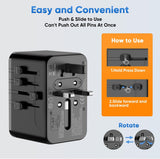 Universal Travel Adapter - 6 in 1 International Plug Adapter with Fuse Auto - Resetting, USB - C PD Fast Charging Worldwide Power Outlet for USA to European UK AUS India, Type C/G/D/I/A, Black