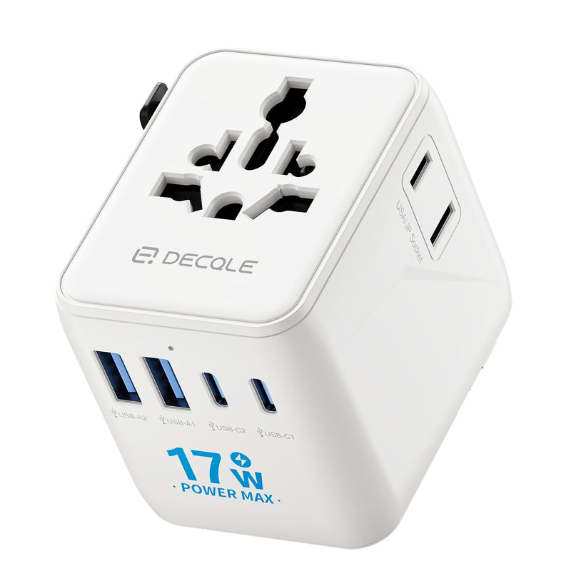 Universal Travel Adapter, International Travel Plug Adapter with 2 USB - C ＆ 2 USB - A Ports, with Extra 2 Prong AC Outlet All in One Portable Socket, for USA, UK, EU, AU ＆ 224+ Countries (White)