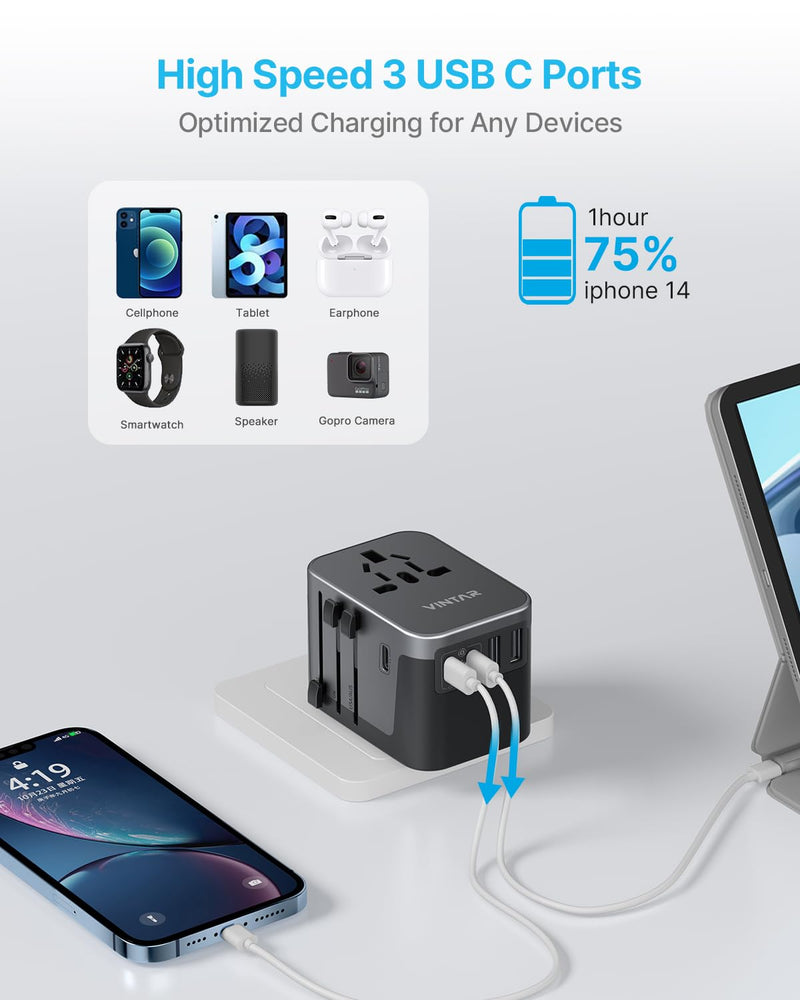 Universal Travel Adapter, VINTAR International Power Adapter with 6A 3 USB C and 2 USB Ports, All in One Travel Essentials Plug Adapter, Worldwide Outlet Converter for Europe UK USA AUS(Type C/G/A/I)