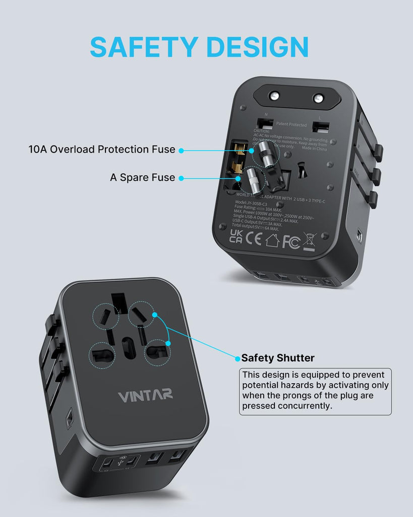 Universal Travel Adapter, VINTAR International Power Adapter with 6A 3 ...