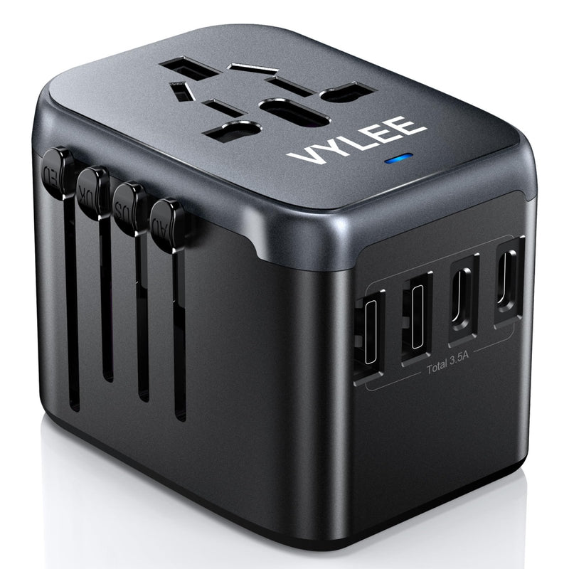 Universal Travel Adapter, VYLEE 5 in 1 International Power Adapter, 3.5A 2xUSB - A and 2xUSB C Wall Charger, Worldwide Travel Essentials Plug for Europe USA UK AUS Asia (Black Grey)