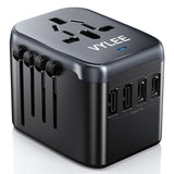 Universal Travel Adapter, VYLEE 5 in 1 International Power Adapter, 3.5A 2xUSB - A and 2xUSB C Wall Charger, Worldwide Travel Essentials Plug for Europe USA UK AUS Asia (Black Grey)