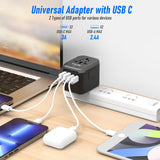 Universal Travel Adapter, VYLEE 5 in 1 International Power Adapter, 3.5A 2xUSB - A and 2xUSB C Wall Charger, Worldwide Travel Essentials Plug for Europe USA UK AUS Asia (Black Grey)