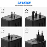 Universal Travel Adapter, VYLEE 5 in 1 International Power Adapter, 3.5A 2xUSB - A and 2xUSB C Wall Charger, Worldwide Travel Essentials Plug for Europe USA UK AUS Asia (Black Grey)