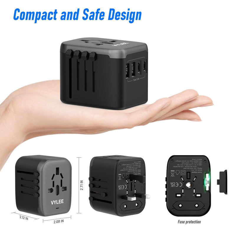 Universal Travel Adapter, VYLEE 5 in 1 International Power Adapter, 3.5A 2xUSB - A and 2xUSB C Wall Charger, Worldwide Travel Essentials Plug for Europe USA UK AUS Asia (Black Grey)