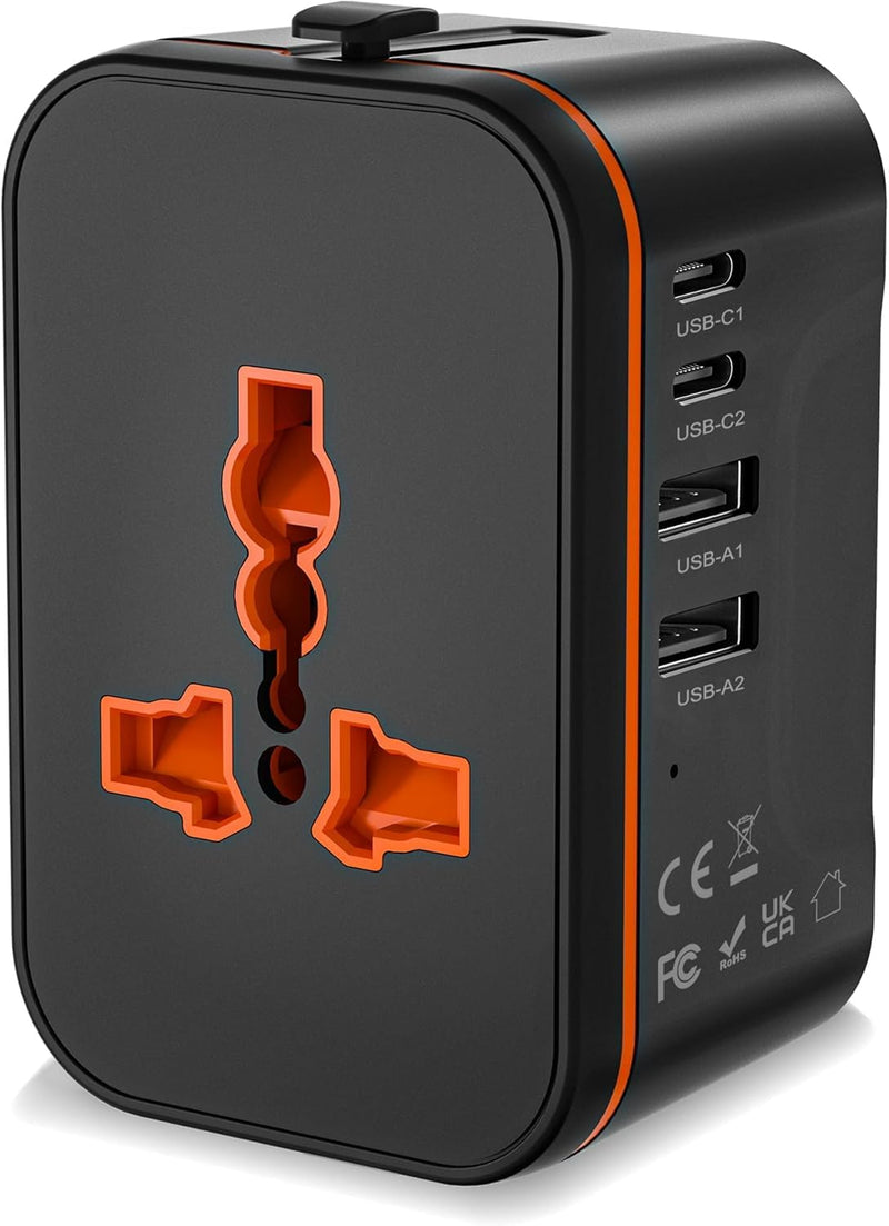 Universal Travel Adapter Worldwide, European Travel Plug Adapter with 2 USB C, 2 USB A and Multi AC Outlets, International Power Converter All in One Universal Charger Power Adapter for EU US UK AUS