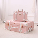 UNIWALKER Vintage Luggage Set, 2 Piece Women Carry on Trolley Suitcase with Spinner Wheels, Handcraft Faux Leather Travel Bag with Cosmetic Train Case, 20"+12", Pink