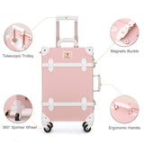 UNIWALKER Vintage Luggage Set, 2 Piece Women Carry on Trolley Suitcase with Spinner Wheels, Handcraft Faux Leather Travel Bag with Cosmetic Train Case, 20"+12", Pink