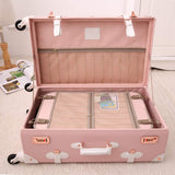 UNIWALKER Vintage Luggage Set, 2 Piece Women Carry on Trolley Suitcase with Spinner Wheels, Handcraft Faux Leather Travel Bag with Cosmetic Train Case, 20"+12", Pink