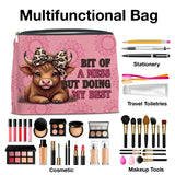 UPNEGE Inspirational Highland Cow Makeup Bag Gifts for Women Wild West Enthusiasts Pink Highland Cow Cosmetic Bag Zipper Pouch