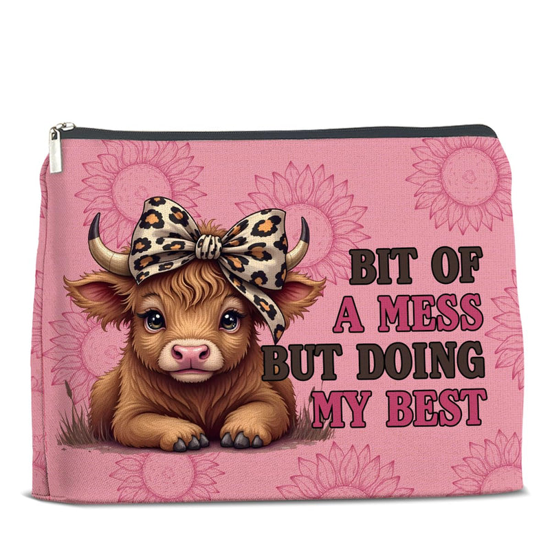 UPNEGE Inspirational Highland Cow Makeup Bag Gifts for Women Wild West Enthusiasts Pink Highland Cow Cosmetic Bag Zipper Pouch
