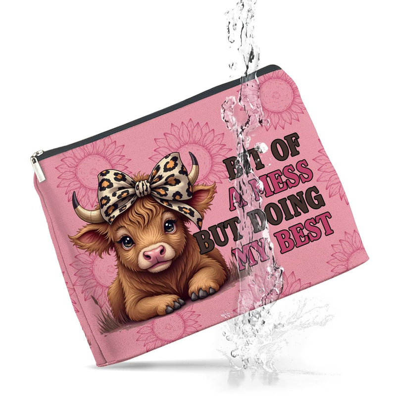 UPNEGE Inspirational Highland Cow Makeup Bag Gifts for Women Wild West Enthusiasts Pink Highland Cow Cosmetic Bag Zipper Pouch